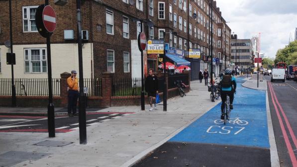 Cycle track given priority over a side-road by design, Kennington, London