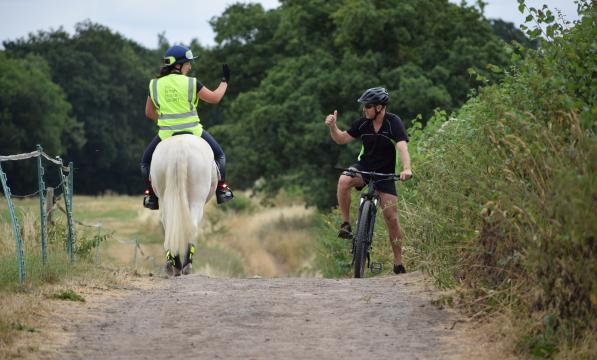 Cyclist and horse rider passing 