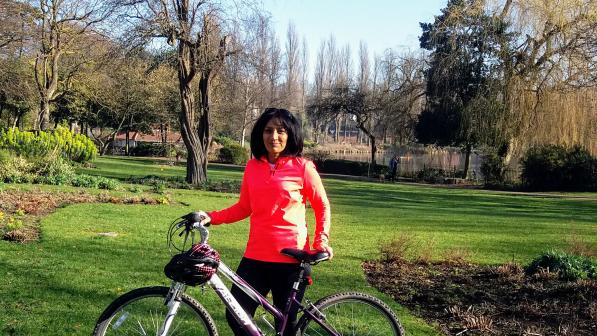 Narinder Kaur and her bike at Walsall Arboretum