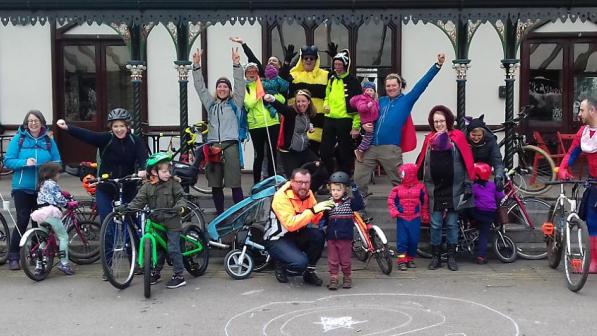 Children in fancy dress for Bike Hive's Halloween themed Kiddical Mass