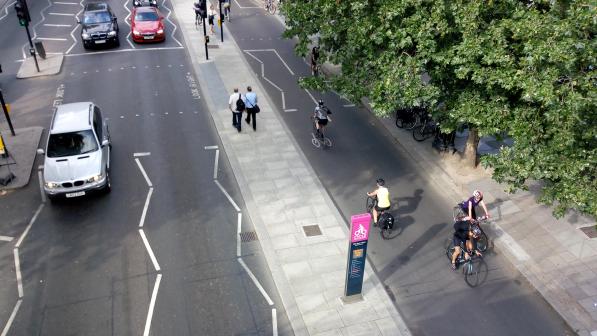 Cyclists on London's Cycle Super Highway 3