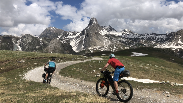 Two cyclists bikepacking in the Italian Dolomites