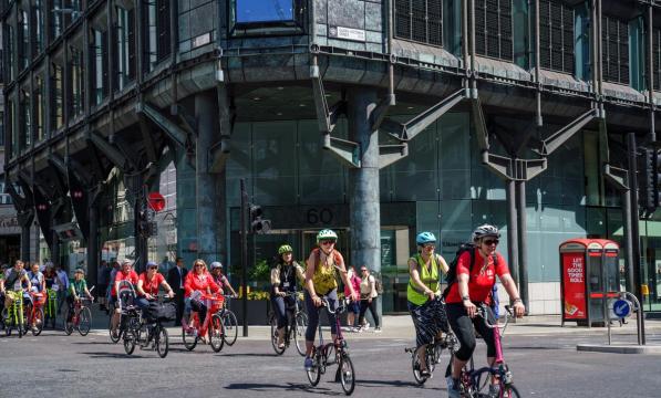 Women cycling in London