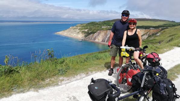 Josie Dew and her husband Gary above Alum Bay 