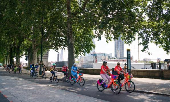 Women cycling in a segregated lane for Womens Festival of Cycling