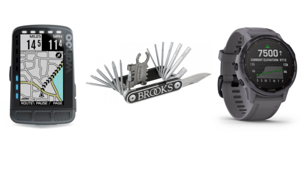 Left to right: Wahoo ELEMNT ROAM, Brooks MT21, Garmin Fenix 6S Pro Solar Edition