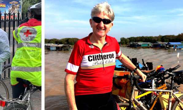 Left, Golam Chowdhury (with red lanyard) Photo by Megan Cliff. Right, Richard Dugdale on tour in Cambodia