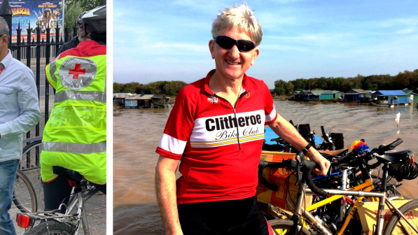 Left, Golam Chowdhury (with red lanyard) Photo by Megan Cliff. Right, Richard Dugdale on tour in Cambodia