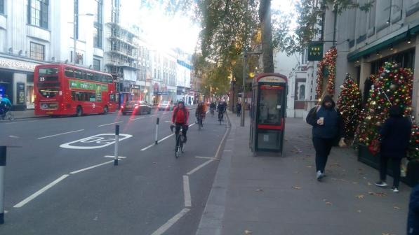 The High Street Kensington cycle lane, before its removal in December 2020 