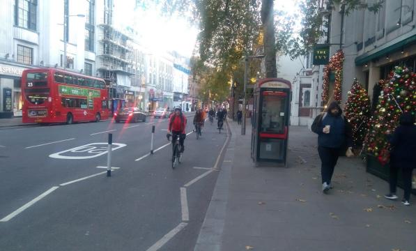 The High Street Kensington cycle lane, before its removal in December 2020 