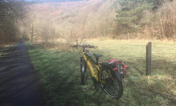 A bright yellow e-bike stands on the grass next to an off-road cycle route