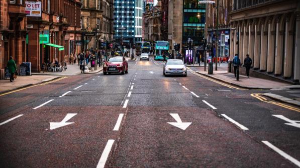 City centre street with multiple lanes of traffic