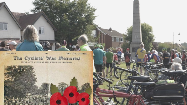 Bottom left - Cyclists gather to unveil the War Memorial at Meriden in May 1921.  Background image - Cyclists gathering at the Meriden Memorial Service in more recent years in photo by Derek Churchard