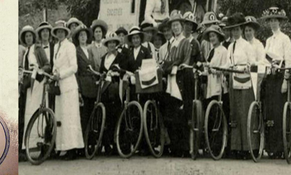 (Left) Lady Harberton in rational dress (Right) Group of women cyclists