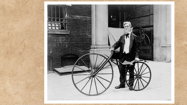 George C. Maynard, Smithsonian curator, in Washington, D.C., with a Shire velocipede, patented in 1879 by John Shire, of Detroit, Michigan. Photo: Wystan Flickr CC