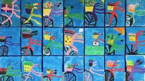 Collage of paintings of bikes