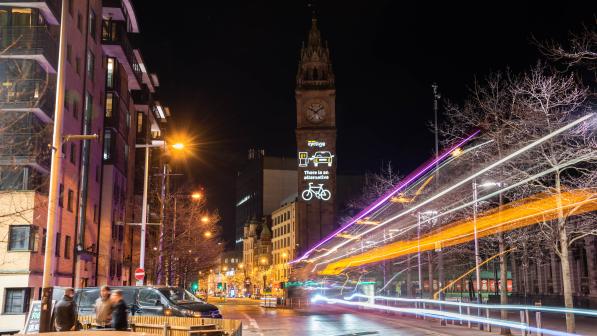 The charity Cycling UK lights up the historic Albert Memorial Clock in Belfast with the pro-cycling message "There is an alternative" on March 31, 2022.