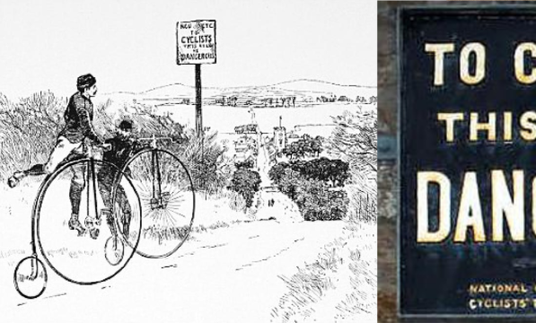 Left - Illustration of a highwheel cycle approaching a danger board by Joseph Pennell, featured in  'Cycling' by G Lacy Hillier in 1887; right - CTC danger board