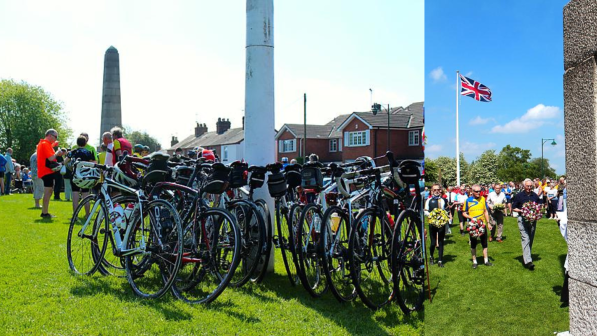 Cyclists gather at the Meriden memorial in 2014