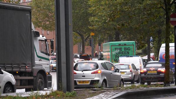 Congested roads in bristol with cars and lorrys in a stationary queue