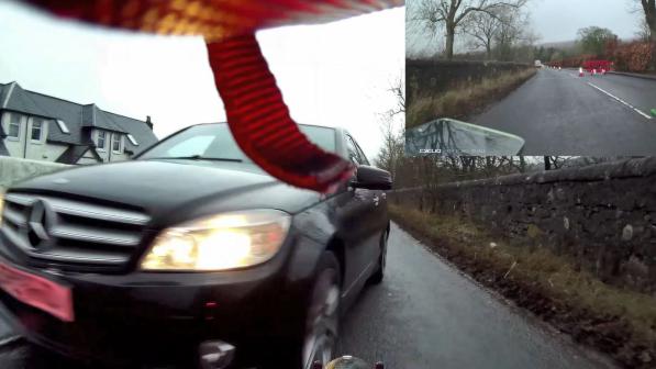 View from a cyclist rear view camera just before a car hits the cyclist