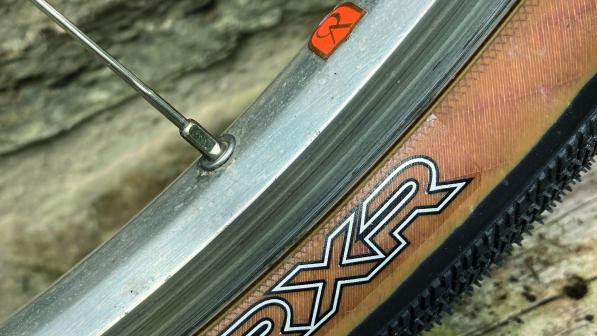 The side profile of a gravel tyre seated on a bicycle wheel