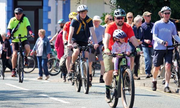 Cycle riders at Lon Las Mon launch rally in Llangefni, May 2023