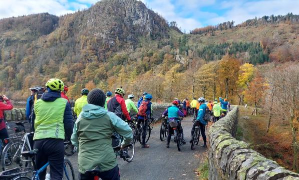 A group of people is cycling along a quiet country road with a stone wall running alongside. It's autumn and the leaves are all copper and red.