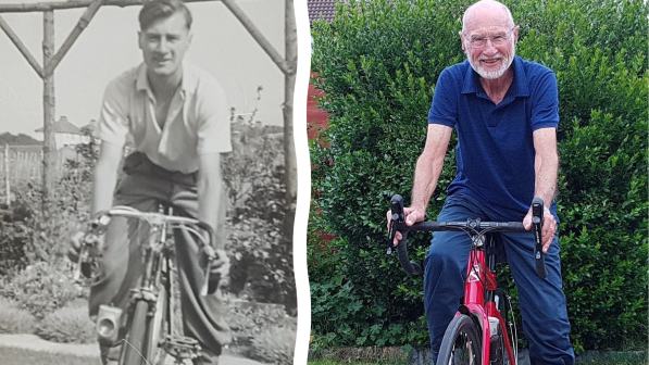 A composite image of the same man on a bike in 1950 (left) and 2020 (right). In both he's wearing normal clothing and is smiling at the camera. The 1950 one is sepia, the 2020 colour and he's wearing all blue and on a red bike