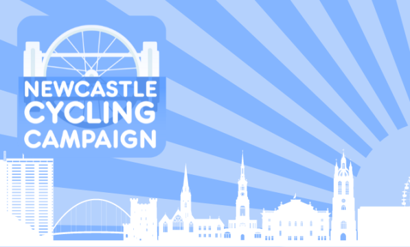 The Newcastle cycling Campaign Logo with a graphic of the Newcastle City skyline, including the Millenium and Tyne Bridges.