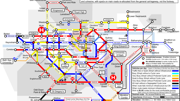 An illustration of a Tube map style map of the cycling network in Bath