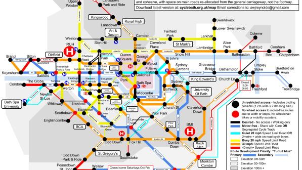 A Tube map style illustration showing Bath's cycle network